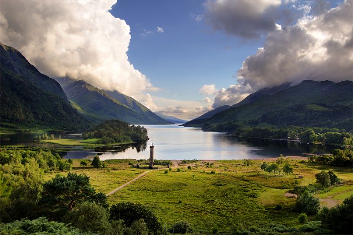 View of the Glenfinnan Monument and Loch Shielin Scotland.